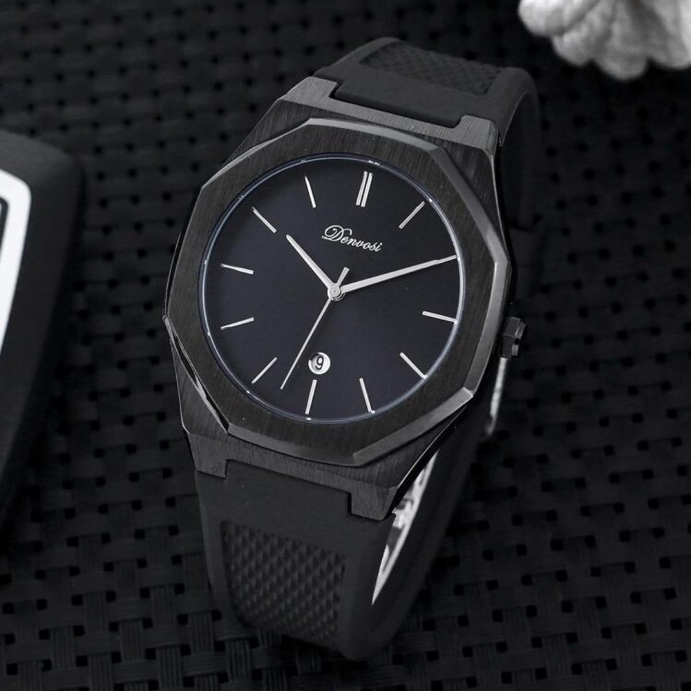 1pc Black Strap Fashion Glow InThe Dark Waterproof Calendar Polygon Quartz Watch